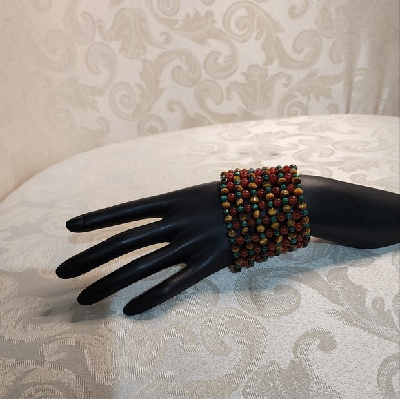VINTAGE 1970s Natural Stone BRACELET – Vein Agate, Malachite, Tiger Eye - Picture 11 of 14